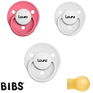 Bibs de LUX Schnuller mit Namen, Rund, Latex, Gr. 1, (2 White + 1 Coral -HK), 3'er Pack